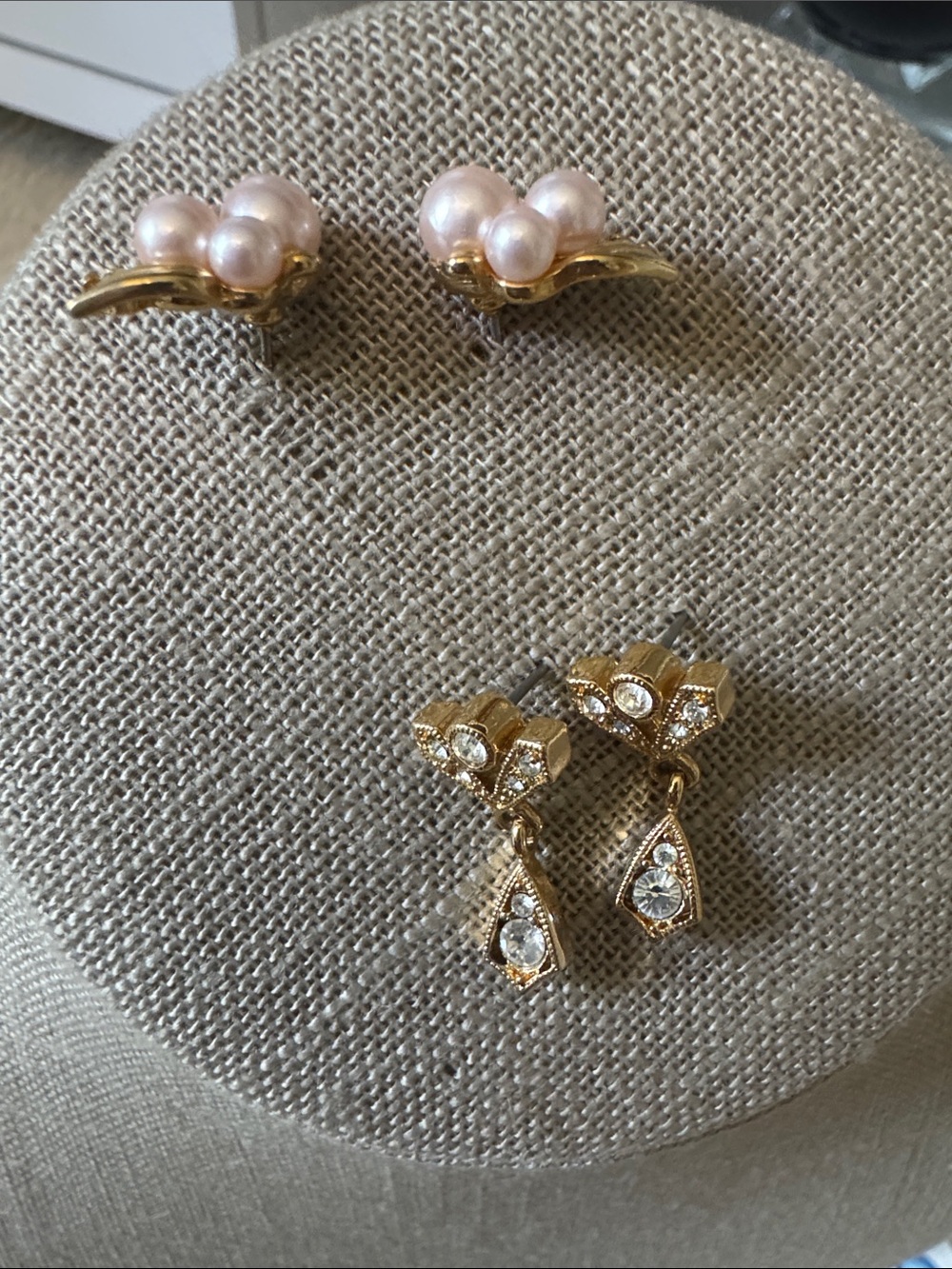 Set of Vintage Gold-Tone Crystal Drop Earrings with Three Pearl Studs